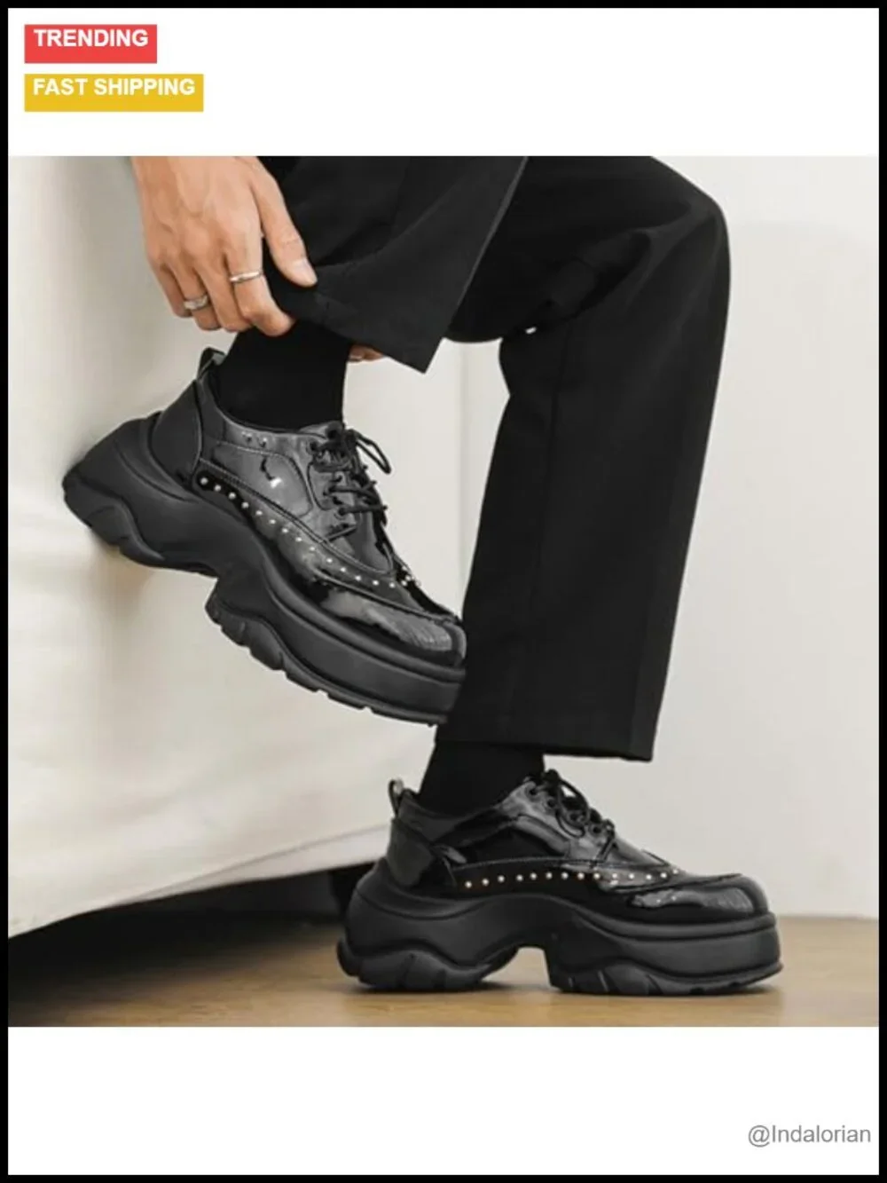 Men's Patent Leather Rivet Platform Motorcycle Boots Side Zipper Non Slip